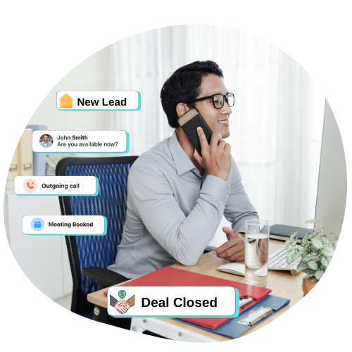Sales representative making a phone call to a business client, focusing on closing deals